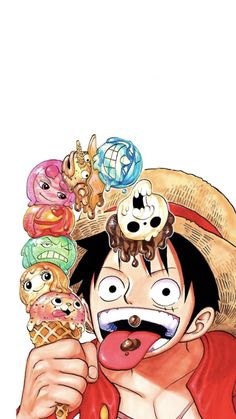 one piece wallpaper with an anime character eating ice cream and other cartoon characters surrounding him