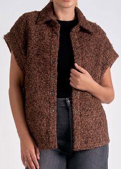 Take a risk and stand out with our Brown Melange Sweater Vest! The snap button front and oversized fit provide a bold and effortless look, while the drop shoulders and cap sleeves add a touch of challenge. Complete with a collared neckline and curved hem for a flattering finish. Fit: True to Size I Oversized 44% Wool 44% Polyester 10% Acrylon 2% Lurex Snap Button Front Collared Drop Shoulders Cap Sleeves SMALL 4/6 I BUST 34-35" I WAIST 26-27"MEDIUM 8/10 I BUST 36-37 1/2" I WAIST 28-29 1/2"LARGE Take A Risk, Of Challenge, Hair Socks, Bath And Body Shop, Brown Vest, Brighton Jewelry, Loungewear Shorts, Down Vest, Gift Boutique