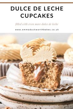 a close up of a muffin on a plate with the words, dulce de leche cupcakes