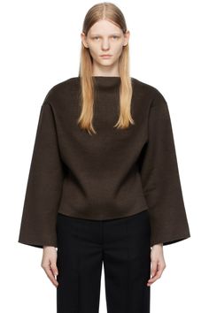 TOTEME: Brown Straight Sweater | SSENSE Fall Wool Top With Funnel Neck, Wool Funnel Neck Tops For Fall, Modern Long Sleeve Wool Tops, Modern Wool Sweater For Work, Brown Wool Long Sleeve Top, Brown Long Sleeve Wool Top, Fine Knit Brown Wool Tops, Wool Turtleneck Tops, Modern Wool Tops For Fall