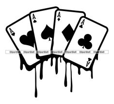 four ace playing cards dripping down from the top and bottom, in black on white