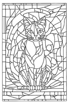 a black and white image of a cat sitting in front of a stained glass window