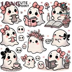 some cute little ghost stickers with skulls and flowers on them, one is reading a book