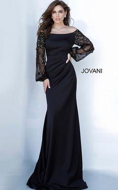 Jovani 1156 Black Long Sleeve Evening Dress Style Code: 1156 Available Colors: black Available Sizes: 00 - 24 Black simple and elegant evening dress with a straight neckline and off-the-shoulder bodice with long embellished sheer sleeves. Closed-back and ruched front detailing with a floor-length flared end skirt. Long Sleeve Black Evening Dress, Long Sleeve Evening Dress, Evening Dresses With Sleeves, Formal Evening Dress, Off The Shoulder Long Sleeve, Long Sleeve Evening Dresses, فستان سهرة, Black Evening Dresses, Evening Dresses Elegant