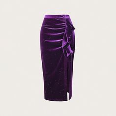 Fit: SlimFabric: VelvetPattern: SolidElement: RuffleDress/Skirt Length: MaxiRise: High RiseProduct Type: Pencil,SplitMain Composition: PolyesterSeason: Spring/Fall Purple Skirts, Maxi Skirt Spring, Skirts Fall, Velvet Purple, Skirt Bodycon, Velvet Pattern, Purple Skirt, Crop Top Dress, Pleated Maxi Skirt