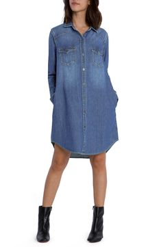 A workshirt-inspired nonstretch-denim dress delivers all the good vibes you expect, from its western yoke to its chic curved hem. 36" length Spread collar Long sleeves with button cuffs 100% cotton Machine wash, tumble dry Imported Frank & Eileen, Denim Shirt Dress, Shirtdress, Good Vibes, Denim Dress, The Good, Top Brands, Lab, Nordstrom