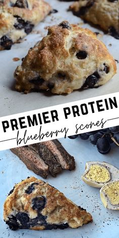 some blueberry scones are on a baking sheet with the words, premer protein