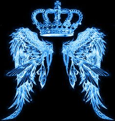 an angel with wings and a crown on it's head is lit up in blue