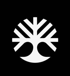 a white tree logo on a black background