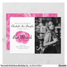 a pink and white birthday card with the words save the date on it