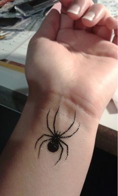 a person's arm with a black spider tattoo on the left side of their arm