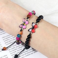 Hot Black Pink Butterfly Bracelet Trendy Handmade Braided Agates Lava Beaded Bangles Yoga Jewelry for Women Men Gifts Adjustable #jewelry #bracelets #fashion Black Pink Butterfly, Beaded Bangles, Bracelet Trendy, Bracelets Fashion, Trendy Bracelets, Men Gifts, Butterfly Bracelet, Adjustable Jewelry, Bead Bangles