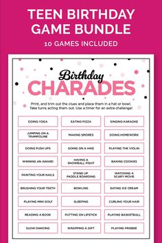 Teen Birthday Games for girls with 10 unique games. Each game has pink confetti coming down from the top. Birthday Activities For Teens, Birthday Party Activities For Teens, Birthday Games Ideas, Games For Birthday Parties, Games For Birthday Party, Birthday Party Games For Teens, Birthday Party Planning Checklist