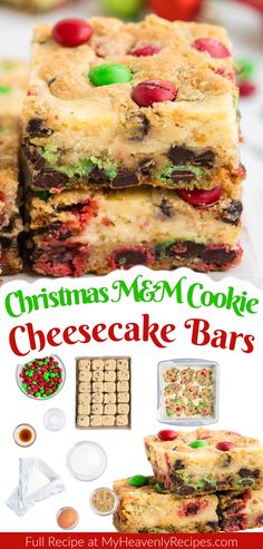 Christmas M&M Cookie Cheesecake Bars Christmas Desserts With M&ms, Xmas Party Food Sweet Treats, Christmas Dessert For Neighbors, Cheesecake Cookies Christmas, Cookie Bar Desserts, Christmas Desserts 9x13 Pan, Christmas Desserts Brownies, Christmas Pot Luck Desserts, Christmas Baking Tray Ideas