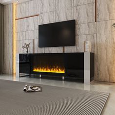 modern living room with fireplace and large screen tv