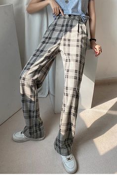 High Waist Plaid Elegant Long Pants – Nada Outfit Land Fitted Plaid Cotton Pants, Baggy Plaid Wide Leg Bottoms, Plaid Baggy Wide Leg Bottoms, Baggy Plaid Wide Leg Pants, Fitted Plaid Bottoms For Winter, Casual Fitted Gray Pants, Fitted Casual Gray Pants, Fitted Gray Casual Pants, Casual Plaid Long Pants