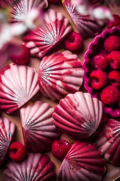 raspberries are arranged in the shape of hearts and shell shapes on a plate