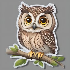 an owl sitting on top of a tree branch with yellow eyes and big brown eyes