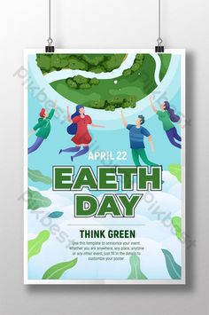 an earth day poster with people flying through the air and green plants in the background