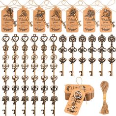 a bunch of keys that are next to each other with tags on the top and bottom