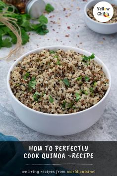 a white bowl filled with quinoa on top of a table