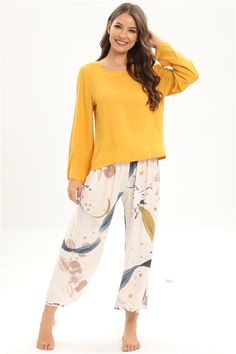 F00201786-603 Relaxed Fit Pant Set For Spring Pajama Party, Spring Relaxed Fit Pant Set For Pajama Party, Casual Long Sleeve Yellow Sleepwear, Casual Long Sleeve Pant Set For Daywear, Yellow Long Sleeve Sets For Daywear, Spring Long Sleeve Pajama Party Pant Set, Spring Long Sleeve Pant Set For Pajama Party, Yellow Long Sleeve Sleep Set, Yellow Long Sleeve Sets For Pajama Party