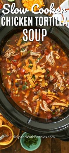 slow cooker chicken tortilla soup in a crock pot with text overlay