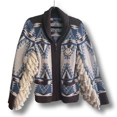 Nice Pendleton Women’s Wool Cardigan With Beautiful Blue And Cream Tones. Zipper Closure, Large Fringe Detail. Happy Face Patch Detail. Like New, In Great Condition. Pendleton Sweater, Face Patches, Sweaters Women, Cream Tones, Happy Face, Wool Cardigan, Blue Cream, Beautiful Blue, Sweaters & Cardigans