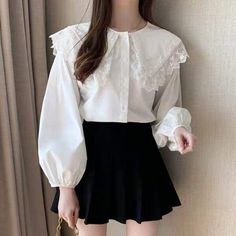 Kawaii Mori Girl Lace Collar Long Sleeve Shirt     One Size Bust: 98cm Length: 59cm Sleeve:58cm   Material: Polyester Korean Tops Outfits, Blouse Korean Style, Korean Blouse, Deer Doll, Pastel Kawaii, Mori Girl Fashion, Set Outfits, Cottagecore Fashion, Ruffle Shirt