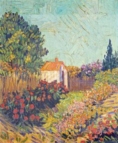 a painting of a garden with flowers and a house in the background