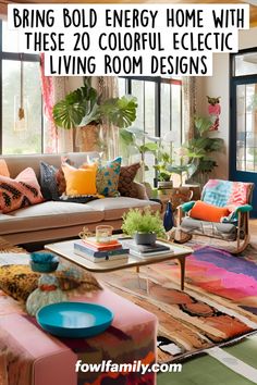 a living room filled with lots of colorful furniture and pillows on top of a rug