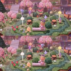 an animated garden with lots of flowers and plants on it's sides, surrounded by trees