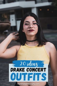 a woman wearing glasses holding a sign that says 20 ideas to make concert outfits