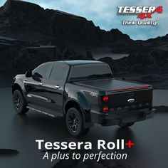 a black truck is shown with the words tessena roll plus on it's back