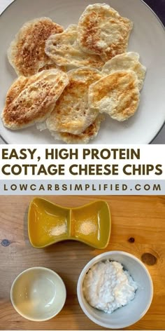 the ingredients for cottage cheese chips are shown in separate bowls and on top of each other