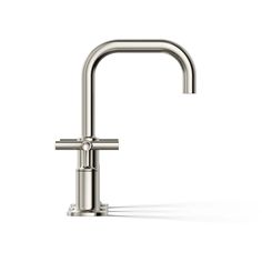 a chrome faucet on a white background