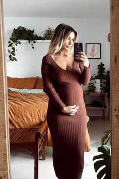 A solid hued fitted maternity maxi dress featuring long sleeves and a v-neckline. Maternity Maxi Dress, Dress Maternity, Maternity Maxi, Pregnancy Maxi Dress, Pink Blush Maternity, Maternity Clothes, Mocha, Over 50, Pretty In Pink