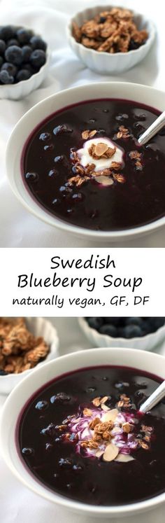 blueberry soup with yogurt and granola in two bowls on a white table