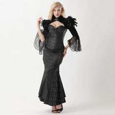 Steampunk costume: bewitch your audience with this elegant black mermaid costume! Steampunk costume for women This costume includes: skirt + dress + jacket Decoration: feathers Material composition: brocade + flannel + lace Feature: front steel busk closure, 10 plastic bones, back ribbon lacing Body Shaping Opt for uniqueness with our Steampunk Attire, a fusion of vintage style and modern design. Transport yourself to the plague era with our Deluxe Plague Doctor Costume, a unique blend of histor Fitted Gothic Costumes For Fantasy Events, Steampunk Corset Dress For Halloween Party, Fitted Steampunk Party Costume, Fitted Steampunk Costumes For Party, Gothic Fitted Underbust Costume, Black Overbust Costume For Party, Gothic Fitted Costumes, Fitted Punk Style Costumes For Winter, Black Overbust Party Costume