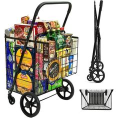 a shopping cart filled with drinks and snacks