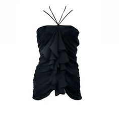 Please Ask For Measurements Or Modeling If You Are Interested In Purchasing, Always Happy To Provide! Elegant Ruched Cami Top, Flirty Black Top With Spaghetti Straps, Black Spaghetti Strap Flirty Top, Elegant Black Halter Neck Top, Flirty Black Spaghetti Strap Top, Black Ruched Cami Top, Black Ruffled Camisole Top, Black Ruffle Camisole Top, Black Ruched Tops For Evening