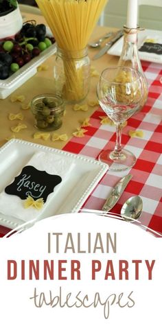 an italian dinner party with red and white checkered tablecloths, silverware, wine glasses, pasta noodles and olives