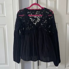 Nwt. Beautiful Neckline And Back. Sleeves Are A Little Puffy For My Style Which Is Why I Haven’t Worn But This Is A Very Cute Top. Perfect Condition And No Longer In Stores. Looks Cute With Jeans. Can Be Dressed Up Or Down. Looks Good With And Without A Bra! Black Long Sleeve Lace Top For Layering, Black Lace Trim Blouse For Layering, Casual Black Lace Top With Lace Trim, Black Casual Lace Top For Fall, Casual Black Lace Top For Fall, Stripe Crochet Top, Free People Long Sleeve, Cuffed Top, Long Sleeve Floral Top