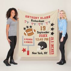 Personalized Football Baby Boy Birth Stats Record Fleece Blanket