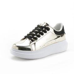 Sneakers – Fashion Women's Casual Flat Shoes | Zorket Metallic Lace-up Sneakers, Trendy Metallic Lace-up Sneakers, Patent Leather Sneakers With Contrast Sole, Trendy Metallic Round Toe Sneakers, Casual Patent Leather Sneakers With Round Toe, Silver Platform Sneakers With Round Toe, Gold Lace-up Synthetic Sneakers, Gold Synthetic Lace-up Sneakers, Sporty Gold Platform Sneakers With Round Toe