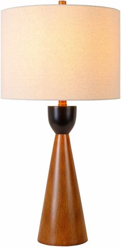 a wooden table lamp with a white shade