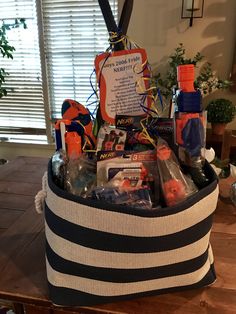 a basket filled with items sitting on top of a wooden table