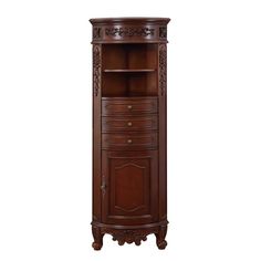 an ornate wooden cabinet with drawers on the front and bottom shelves, in dark wood