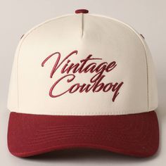 Vintage Cowboy Embroidery Two-Tone Baseball Cap - "Vintage Cowboy" Text Embroidery - 5 Panel Canvas Baseball Cap - 100% Cotton - Adjustable Buckle Closure - Embroidered In USA *One Size Fits All - Adjustable Strap Makes Fit Comfortable.* The VANTAGE Two-Tone Embroidery Trucker Hat blends style and functionality with its distinctive design. The hat features a two-tone color scheme, combining a vibrant or contrasting color on the front panels with a complementary. The embroidered detailing on the Vintage Snapback Hat With Letter Print And Curved Brim, Vintage White Snapback Hat With Letter Print, Vintage Letter Print Baseball Cap, Vintage White Trucker Hat For Baseball Season, Vintage Baseball Cap With Letter Print, Retro Snapback Hat With Embroidered Logo For Baseball Season, Vintage Snapback Hat With Letter Print, Vintage Trucker Hat With Letter Print And Curved Brim, Retro Trucker Hat With Embroidered Logo And Curved Bill