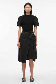 Denim Wrap Skirt – 3.1 Phillip Lim Modern Asymmetrical Hem Bottoms For Spring, Modern Fitted Asymmetrical Bottoms, Fitted Denim Skirt With Belt Loops For Work, Chic Asymmetrical Fitted Denim Skirt, Chic Fitted Asymmetrical Denim Skirt, Fitted Chic Asymmetrical Denim Skirt, Chic Bottoms With Belt Loops And Asymmetrical Hem, Workwear Bottoms With Belt Loops And Asymmetrical Hem, Asymmetrical Hem Bottoms With Belt Loops For Work